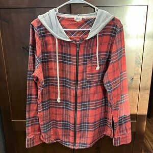 BKE Red Plaid Hooded Zip Flannel Jacket Shirt Medium